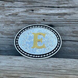 Western Style Matte Black and Silver Oval Shaped Gold Initial E Belt Buckle
